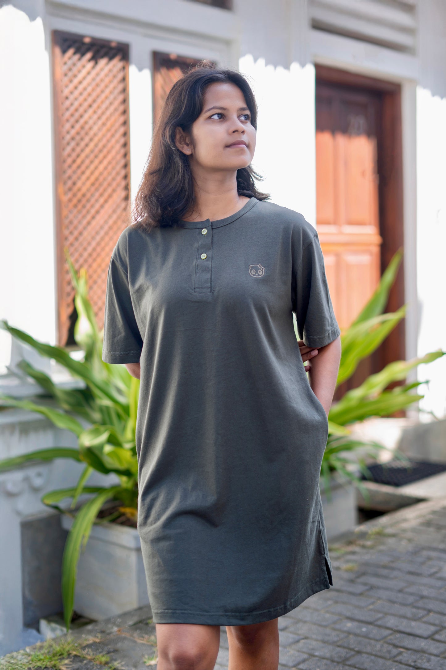 Relax Henley-neck Short T-shirt Dress (Oversize) - New