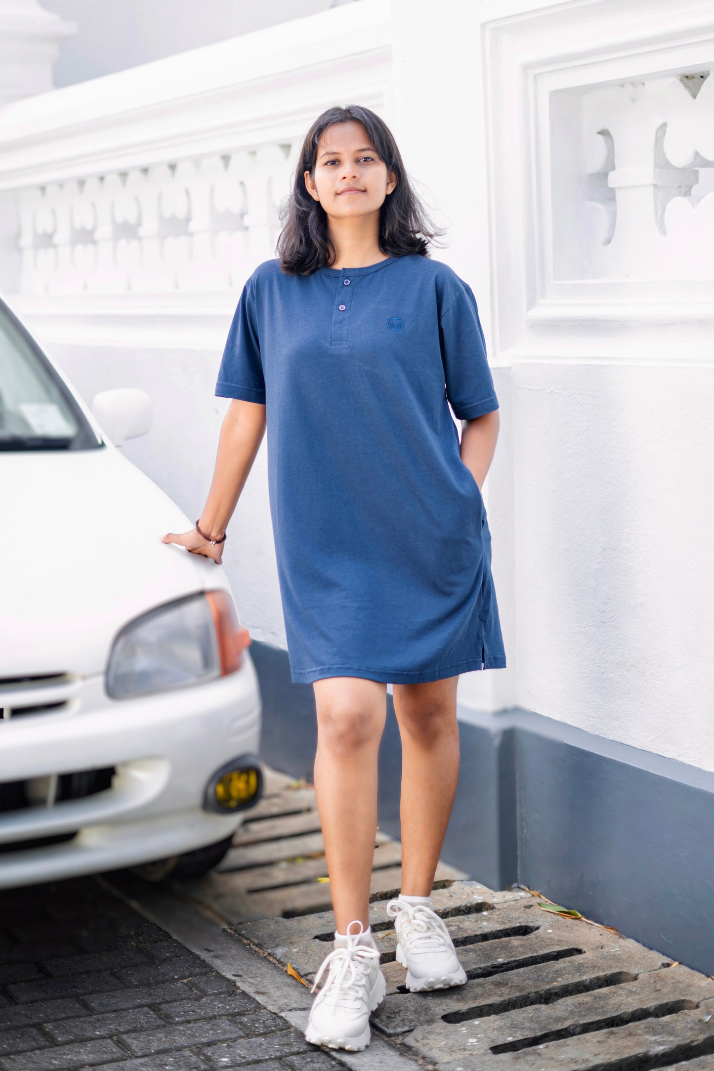 Relax Henley-neck Short T-shirt Dress (Oversize) - New