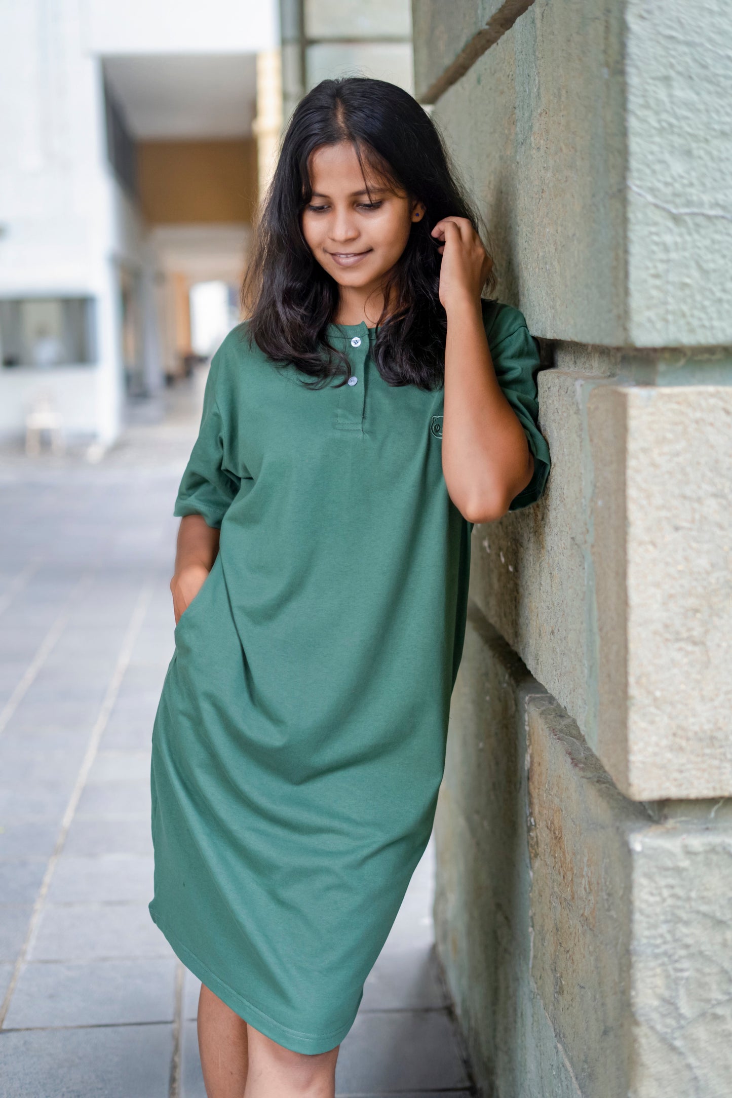 Relax Henley-neck Long T-shirt Dress (Oversize)