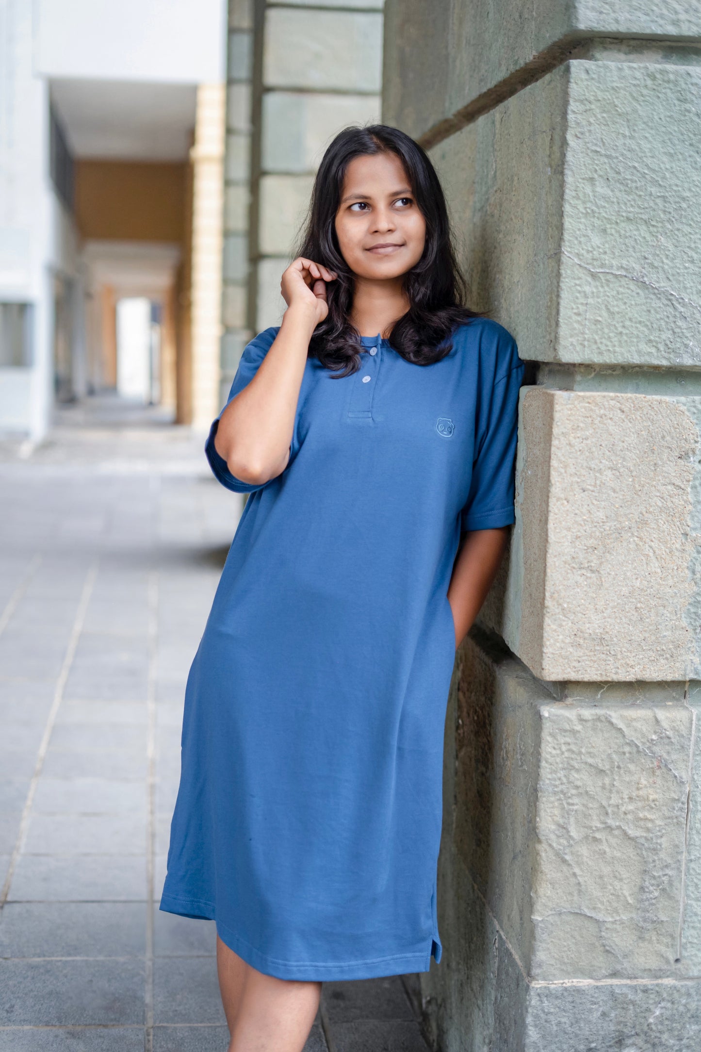 Relax Henley-neck Long T-shirt Dress (Oversize)
