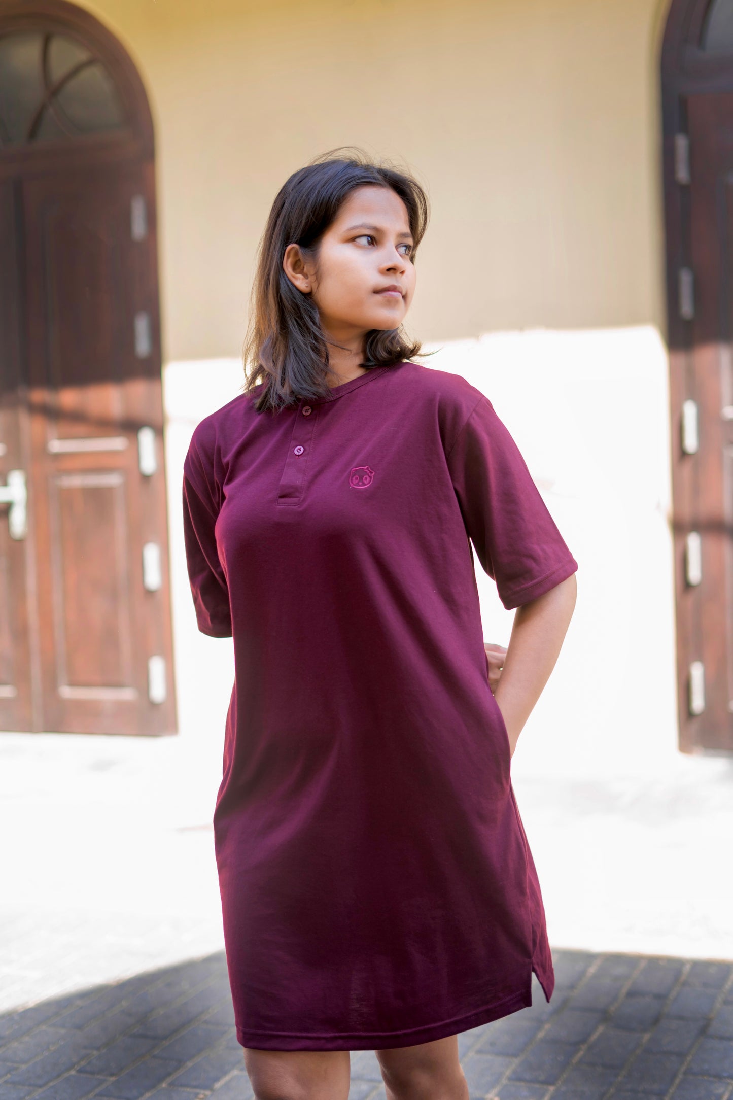 Super Relax Henley-neck Short T-shirt Dress (Extra-Oversize)