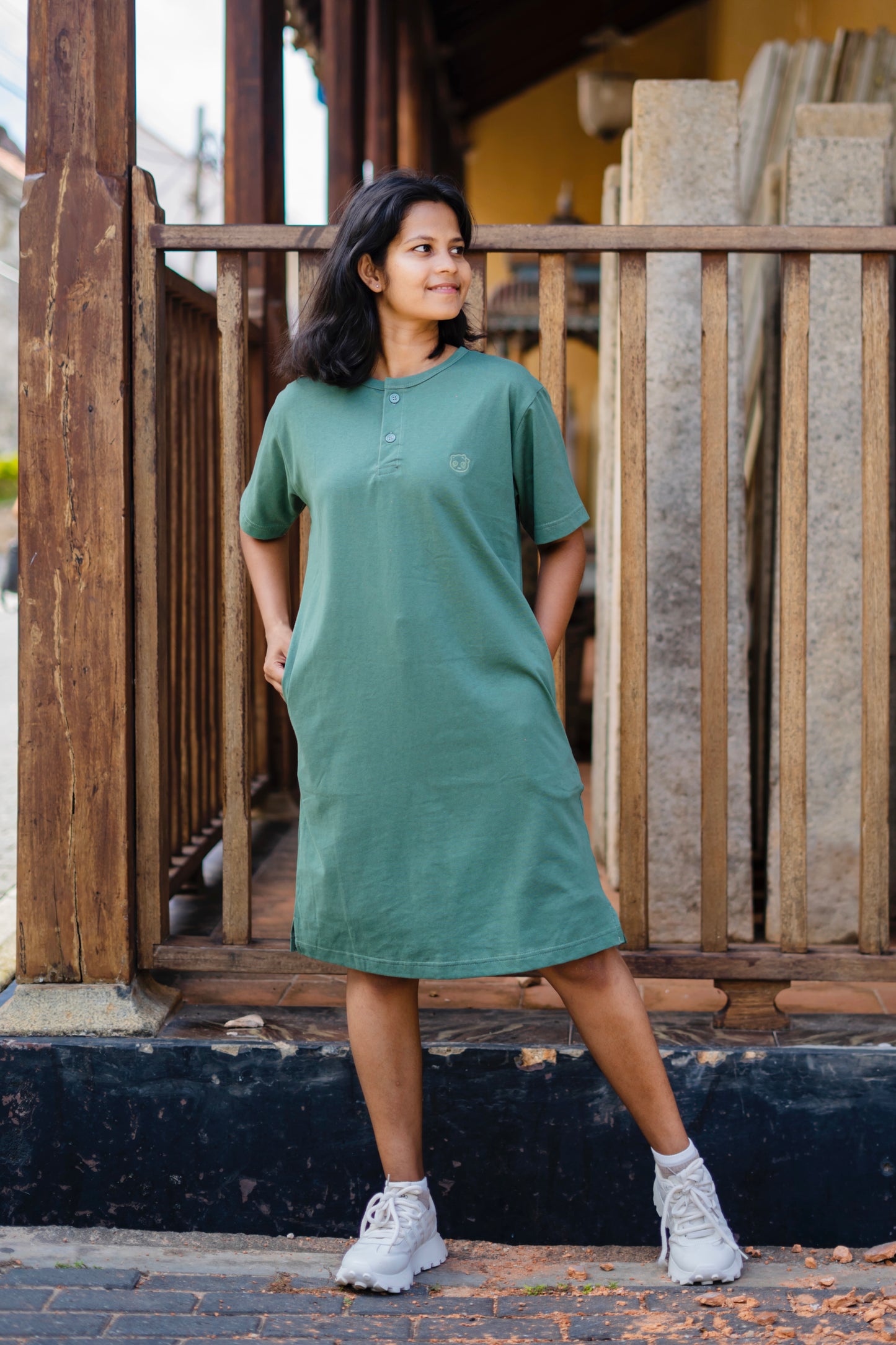 Relax Henley-neck Long T-shirt Dress (Oversize)