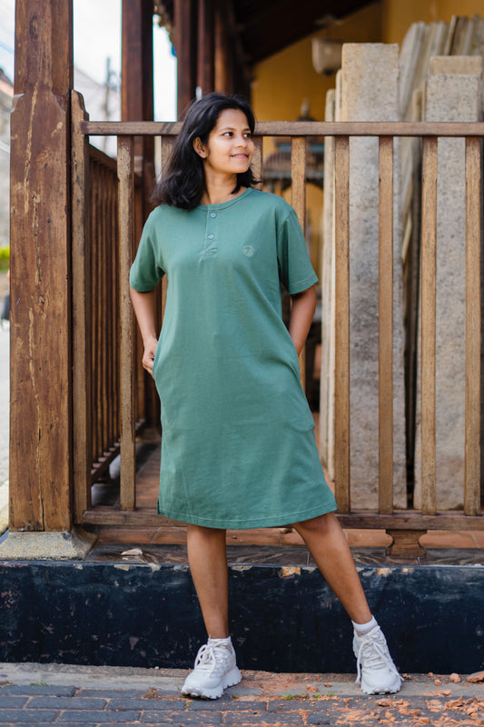 Relax Henley-neck Long T-shirt Dress (Oversize)