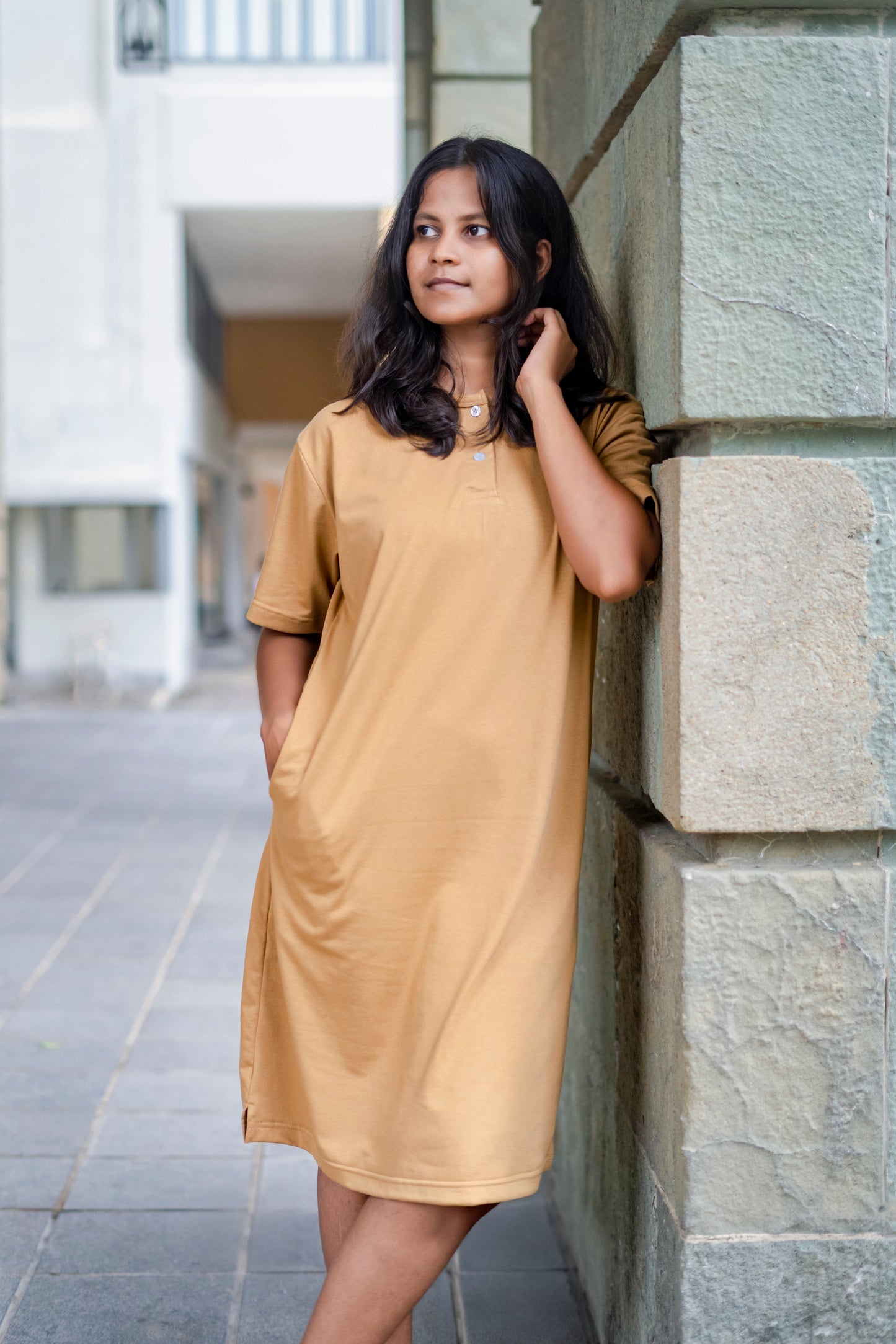 Relax Henley-neck Long T-shirt Dress (Oversize)
