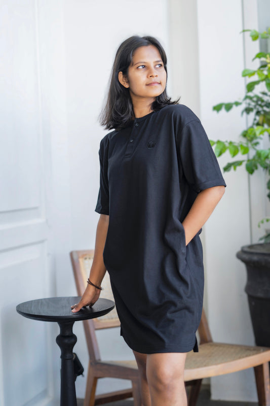 Relax Henley-neck Short T-shirt Dress (Oversize) - New